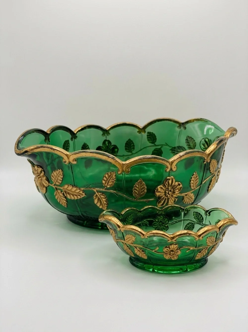 Vintage Emerald Green Glass Bowl Set with Elegant Gold Floral Metal Overlay